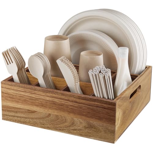 ALELION Acacia Wood Utensil Holder for Party - Paper Plate Organizer for Countertop - Silverware Caddy with 6 Compartments for Plate, Cup, Fork, Spoon - Cutlery Holder for Kitchen Camping Buffet - style: Acacia Wood