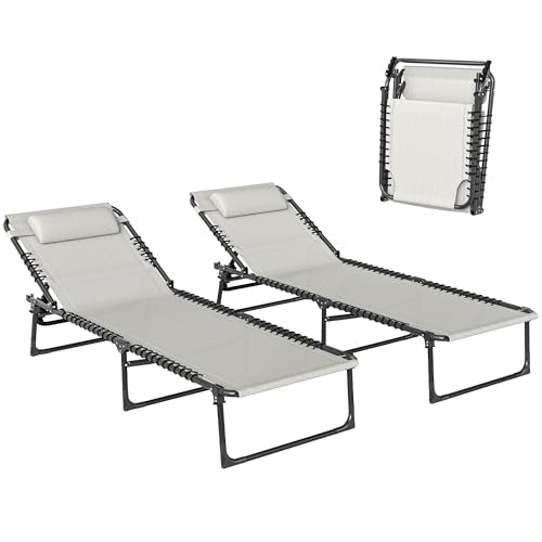 Outsunny Folding Chaise Lounge Chair Set of 2, Patio Sun Tanning Chair, Outdoor Chaise Lounger with 4-Position Reclining Back, Breathable Mesh Seat for Beach, Poolside, Cream - color: Cream White, size: 2 Packs