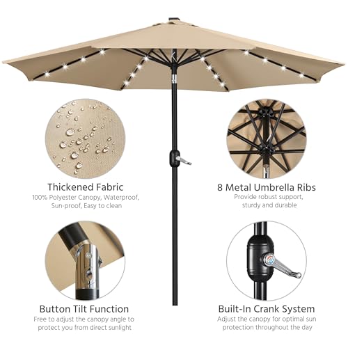 Yaheetech 11FT Solar Umbrella Lighted Patio Umbrella w/Tilt & Crank Lift System, Outdoor Market Sunshade with 32 LED Lights for Pool, Porch, Garden, Deck, Backyard, Tan - color: Tan, size: 11FT