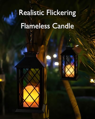 Homemory Solar Lanterns Outdoor Waterproof Hanging with Flickering Flameless Candles, 2 Pack 13'' Garden Outdoor Lantern Decorative for Patio Front Porch Backyard Balcony Cabin Outside Table(Black) - style: Black