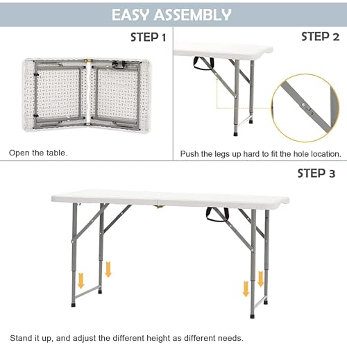 Folding Table 4 Foot Portable Heavy Duty Plastic Fold-in-Half Utility Table Small Indoor Outdoor Adjustable Height Folding with Carrying Handle, Camping and Party White - color: White, size: 4Ft