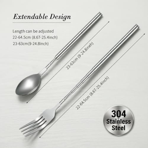 2 Pcs Extendable Fork Spoon Set 8.7 to 25.5in Stainless Steel Telescoping Long Dinner Tableware for Thanksgiving Gifts Barbecue Toasting Fruit Dessert (Silver) - color: Silver