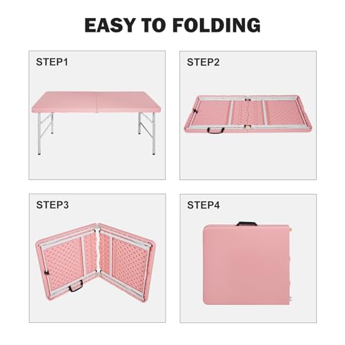 Portable Plastic Folding Table 4ft/6ft/8ft Heavy Duty White Black Picnic Dining Table Fold-in-Half for Camp Party Kitchen Indoor Outdoor - color: Pink, size: 4FT, style: Flat Desktop