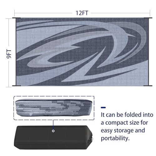 EEZ RV Products 9'x12' GW Heavy Duty Reversible/Durable Outdoor Patio/RV Mats Picnic in The Park (9ftx12ft Grey) Come with Large Storage Bag & 6 Sets of Stakes and Washer - color: Grey, size: 9' x 12' (Rectangular)