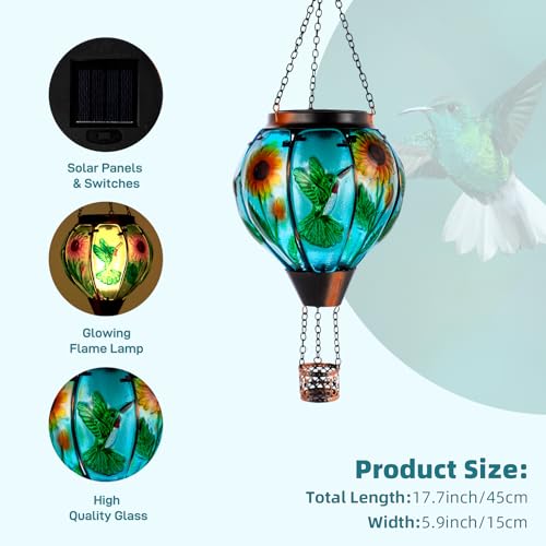 Hummingbird and Sunflower Solar Hot Air Balloon Lantern with Flame, Glass Hot Air Balloon Solar Lantern Outdoor Waterproof, Hanging Solar Lantern for Outside Garden Patio Tree Porch Yard - color: Green