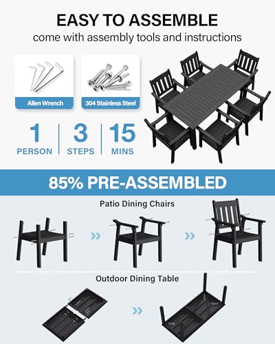 YEFU HIPS Patio Table Set: 7 Piece Outdoor Table and Chairs Patio Furniture Set with Umbrella Hole - Black Modern Plastic Dining Sets 6 Person for Outside Deck with Metal Aluminum Frame - color: Black, size: 7 Piece