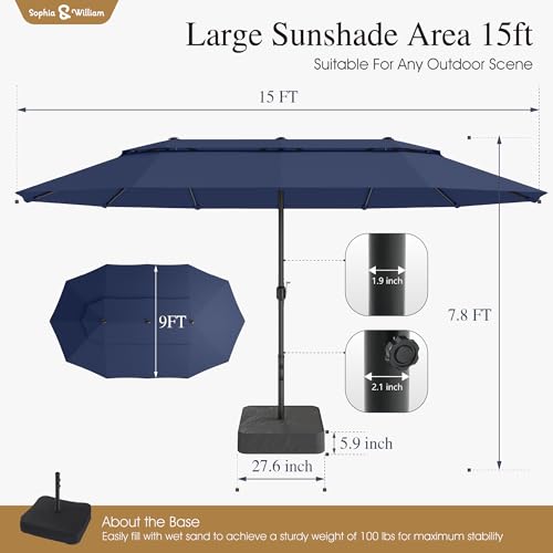 Sophia & William 15ft Extra Large Patio Umbrella with Base Included, 2-Tier Double-Sided Rectangle Outdoor Umbrella with Stand, Market Umbrella for Pool Garden Backyard, Navy Blue - color: Navy Blue 2-Tier