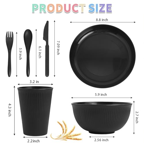 36 Pcs Wheat Straw Dinnerware Set,Dinnerware Sets for 6,Large Round Plates, Bowls and Cups, Unbreakable dish set, Dishwasher and Microwave Safe, Outdoor Camping Dishes (Black) - color: Black