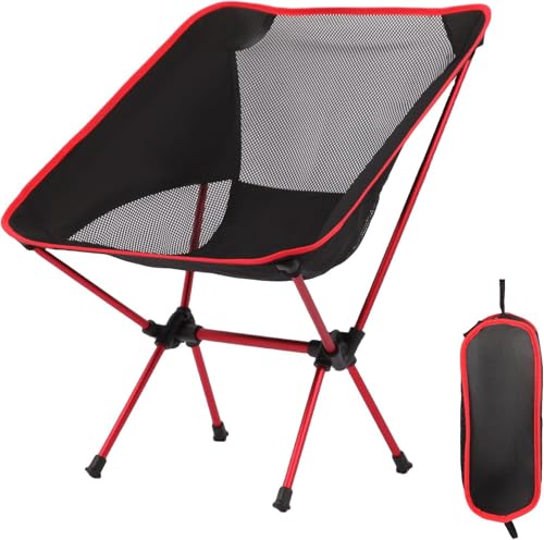 Ultralight Camping Chair, Portable Foldable Compact Chair with Breathable Nylon Mesh, Lightweight Folding Backpacking Hiking Chair for Outdoor Camp, Travel, Beach, Picnic, Hiking(Red) - color: Black and Red