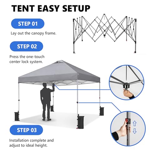OLIXIS 10x10ft Pop Up Canopy Tent, Heavy Duty 1-Person One Push Setup, Portable Outdoor Shelter for Beach, Events, Camping Includes Rolling Carry Bag, Grey - color: Gray, size: 10 X 10 Ft