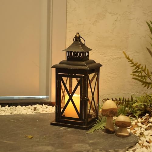 Lantern Decorative Indoor & Outdoor, Large Hanging Candle Lanterns Home Decor, Vintage Metal Candle Holders for Front Porch Patio Wedding Party, Halloween Christmas Decorations (Black) - color: Black / 14.8'' / 1 Pc