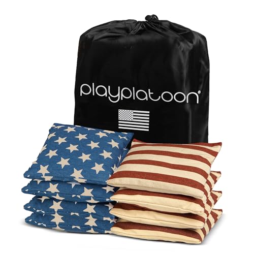 Play Platoon Cornhole Bags Weather Resistant- Set of 8 Regulation Bean Bags for Tossing- Official Professional Size & Weight Corn Hole Bags Two Color All Weather Cornhole Beans Bag Set with Tote Bag - color: American Flag - Vintage