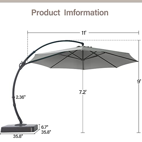 LAUSAINT HOME 11FT Patio Cantilever Umbrella with Base Outdoor Curvy Round Offset Umbrella, Heavy Duty Aluminum Patio Umbrella with 360°Rotation and Windproof, for Garden, Pool, Deck, Backyard, Market(11 FT Grey）