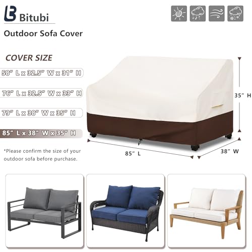 Bitubi Waterproof Patio Sofa Cover, Heavy Duty 3-Seater Outdoor Couch Cover Size Up to 85W x 38D x 35H Inches, Lawn Patio Furniture Covers with Air Vent (Brown) - color: Sofa-brown, size: 85"W x 38"D x 35"H