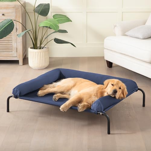 Cooling Elevated Dog Bed for Large Dogs, Outdoor Raised Dog Beds Portable Dogs Cot Bed W/Breathable Mesh, Pet Cots W/Removable Waterproof Bolster - color: Dark Blue, size: 43.0"L x 31.0"W x 8.0"Th