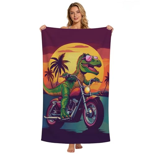 Dinosaur Beach Towel, Funny Green Dinosaur Riding A Motorcycle Towel for Boys Kids Adults, Microfiber Dino Motocross Palm Tree Sunset Swim/Pool/Travel Towels, Quick Dry Oversized 32x52 - color: Dinosaur