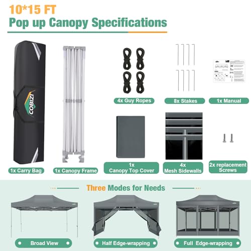 COBIZI 10x15 Heavy Duty Pop-Up Canopy Tent With Sidewalls, Waterproof Easy Setup, Mosquito Netting, Outdoor Instant Screen for Parties, Wedding, Backyard - Carry Bag Included, Gray - color: Gray, size: 10x15FT