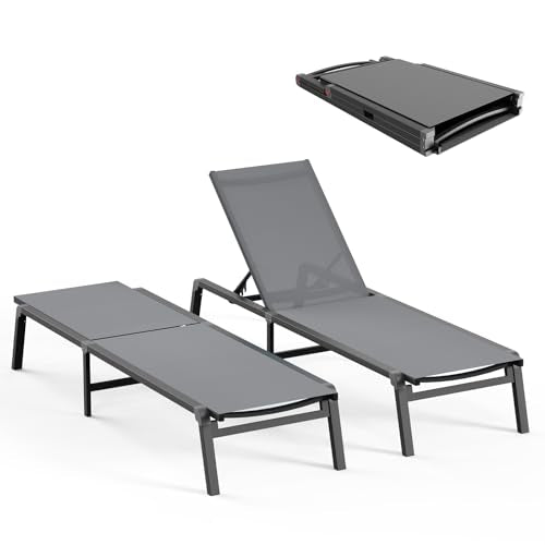 Ciokea Patio Chaise Lounge Chair, Foldable Lounge Chair for Outside, Aluminum Chairs Set of 2 with 5 Adjustable Backrest, Outdoor Pool Lounger for Poolside, Lawn, Deck, Grey - color: Grey, size: 2 Packs