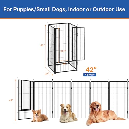 Dog Playpen 42 inch 4 Panels for Indoor & Outdoor Use – Heavy-Duty Metal Pet Fence with Ground Stakes, Rounded Ball Tops for Safety, Stable & Foldable Design, Easy to Assemble - size: 42inch, style: 4 Panels