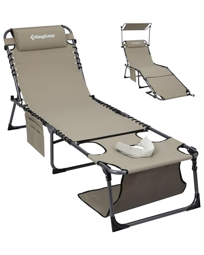 KingCamp Lounge Chair with face Hole & Canopy Shade, 400LBS Folding Portable Tanning Chair with face Hole, Adjustable 5-Position Foldable Beach Sun Tanning Chair for Outside Beach Patio Outdoor Pool - color: C*skyshade Canopy——beige Canopy, style: 400lbs&