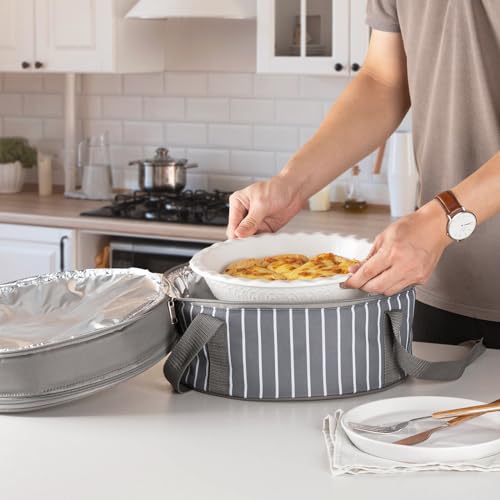 Fun Elements Insulated Casserole Carrier for Hot or Cold Food, 12.5 Inch Pie Carrier with Lid and Handle, Round Food Container for Transport, Grey - style: Classic