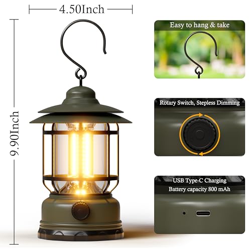Portable LED Camping Lanterns,1500LM Step-less Dimming, Lightweight Retro Battery Powered USB Rechargeable Tent Lights,Survival Kits Flashlight for Power Outage Emergency Hiking Hurricane 3 Pack Green - color: Green