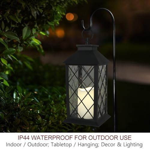 13.5" Decorative Candle Lantern with Timer Candles - IP44 Waterproof Vintage Lanterns Battery Powered LED Decorative for Wedding - Warm White Hanging Wall Lanterns - color: 1-Pack: BLACK - TWO Flicker Options By Remote