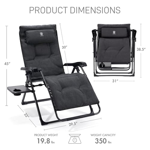 EVER ADVANCED Thick Padded Zero Gravity Chair, Oversized Reclining Lounge Chair with Adjustable Headrest & Cup Holder, Heavy Duty Support 350 lbs, Foldable for Camping, Lawn, Outdoor & Indoor - color: Black, style: 2 Pack