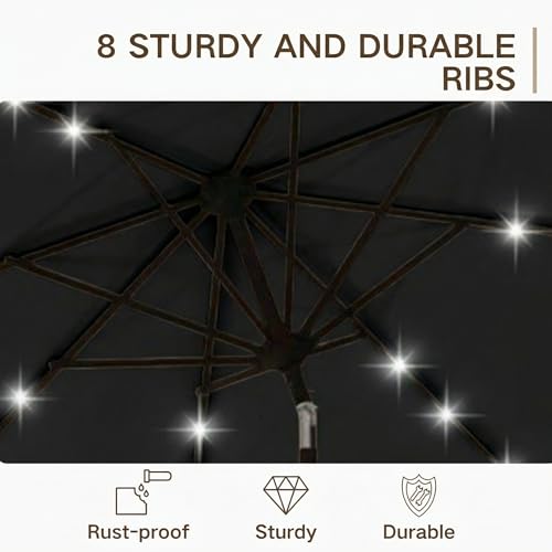 Kingdura 10FT Outdoor Patio Umbrella with Solar Lights, Market Table Umbrella with Push Button Tilt & Crank, 8 Sturdy Ribs, 32 LED Lights, UV Protection for Garden Lawn Deck Backyard Pool (Black) - color: Black-LED, size: 10 Ft