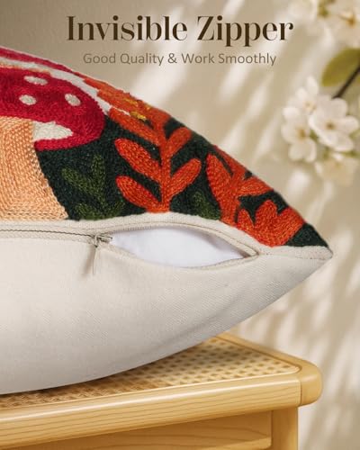 Embroidered Throw Pillow Cover 18x18 Inch - Spring Summer Boho Decorative Pillow Cover with Zipper for Living Room Couch Sofa Bed Aesthetic Design Mushroom Moon Cushion Pillowcase - color: Mushroom Moon, size: 18" x 18" (Pack of 1)