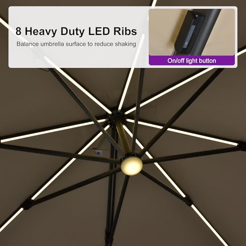 PURPLE LEAF 10 Feet Patio Umbrella Outdoor Cantilever Solar Powered LED Swivel Square Umbrella Aluminum Offset Umbrella with 360-degree Rotation for Garden Deck Pool Patio, Beige - color: Beige, size: 10' X 10', style: Left-right Tilt（LED）