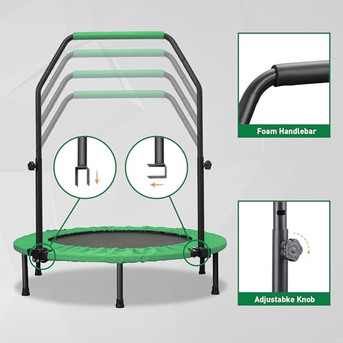 HYD-Parts 40" 48" Mini Trampoline for Adults and Kids Exercise Rebounder with Adjustable Bar Fitness Trampoline Indoor Max Load 330 440lbs - color: Green-40in