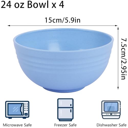 Unbreakable Wheat Straw Cereal Bowls Set of 4, 24 OZ Microwave and Dishwasher Safe Lightweight Soup and Salad Bowl Sets, Reusable Dessert Bowls for Rice, Pasta, Snack, Fruit, BPA Free (Blue) - color: Blue