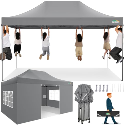 COBIZI 10x15 Heavy Duty Pop up Canopy Tent with 4 sidewalls, Commercial Outdoor Tents for Parties,Backyard Event, Wedding, All Season Waterproof Event Shelter with Carry Bag, Gray(Frame Thickened) - color: Gray, size: 10x15 With Sidewalls