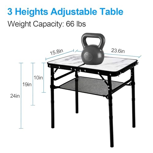 YUFIFAIRY Small Folding Camping Table, 2ft Portable Table with 3 Adjustable Heights, Aluminum Lightweight Foldable Picnic Table with Mesh Layer and Extension Legs for RV, Camp and Indoor (Black Frame) - color: White Marble Top & Black Frame