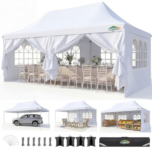 COBIZI 10x20 Pop Up Canopy with 6 Sidewalls, Conical Canopy Tents for Parties, Backyard, Commercial, Waterproof Event Tent Instant Shelter UV50+ Outdoor Gazebo with 4 Sandbags (Peak Drainage) - color: Pure White, size: 10x20FT