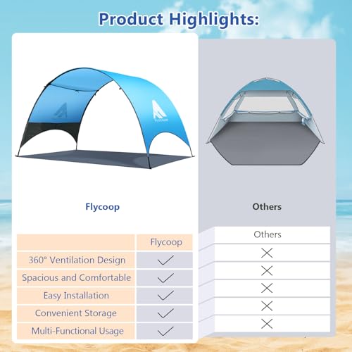 Beach Tent - Beach Shade Canopy Compact Fold (16.9x3.9″), Own Patent, 360° Ventilation, Large Side Storage Pocket, UV Protection Portable Sun Shelter for Beach (Blue, 106 * 65 * 61″) - size: 106*65*61″ without sail