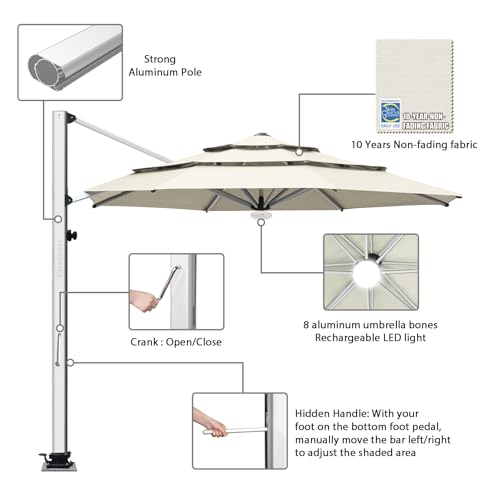 EliteShade USA APOLLO 3-Tier 11FT Full Aluminum Cantilever Patio Umbrella for Outdoor restaurant Garden Courtyard Deck Pool and Marketing with Light,Natural - color: Natural, style: 11FT Apollo