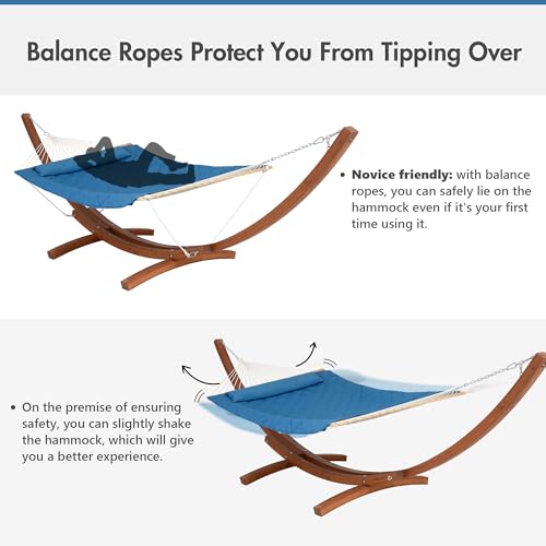 ANOW 13.5FT Curved Wood Stand with Double Rope Hammock, Heavy Duty Larch Wood Arc Stand with 2 Chains, 4 Balance Ropes and 4 Carabiners, Includes Blue Hammock with Spreader Bars - color: Blue