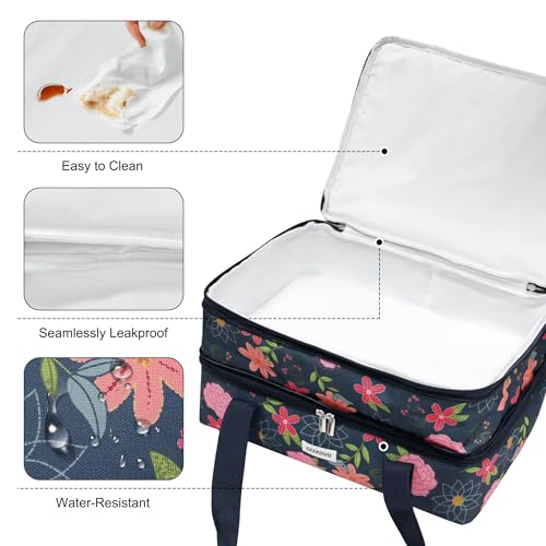 Double Decker Insulated Casserole Carrier, Expandable Thermal Food Warmer Bag Fits 9x13 Dish, Leak-Proof Potluck Lasagna Holder with Utensil Pocket for Picnic Party Cookout (Blue Floral) - color: Blue Floral