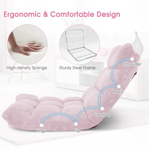 Giantex Floor Chair with Back Support, 14 Adjustable Position, Padded Sleeper Bed, Couch Recliner, Gaming Floor Chairs for Meditation, Adults, Living Room, Gaming Chair Floor, Light Pink - color: Light Pink, size: 26.5"x22.5"x22"