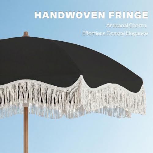 7ft Patio Umbrella with Fringe, Boho Beach Umbrellas, Outdoor Tassels Umbrellas with Push Button Tilt & Carrying Bag, 8 Windproof Fiberglass Ribs, UPF50+ - color: Black
