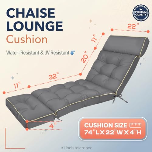 MAGIC ELEPHANT Chaise Lounge Cushion Outdoor, Memory Foam Replacement Patio Pool Lounge Chair Cushion with Ties for Outdoor Furniture, 74 x 22 x 4 Inch (Gray) - color: Gray