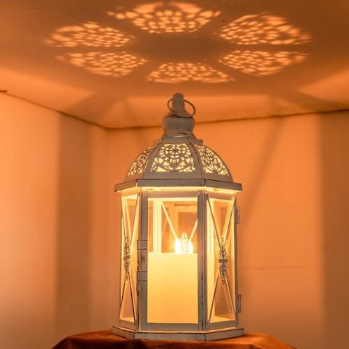 Lantern Decorative Indoor & Outdoor, 14.5'' Candle Lantern Farmhouse Home Decor, Hexagon Vintage Hanging Metal Candle Holder for Front Porch Shelf Patio Wedding Party, Christmas Decorations - color: White / 14.5''h