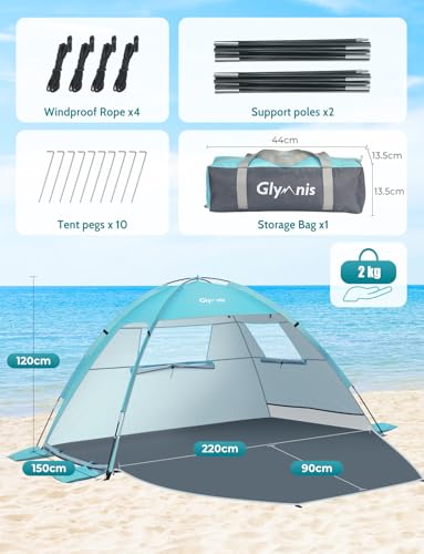 Glymnis Beach Tent Sun Shelter for 3 Person with UPF 50+ UV Protection, Lightweight & Easy Setup Beach Shade Canopy with Vent Windows & Zippered Door - Blue - color: Blue, size: 3 Person