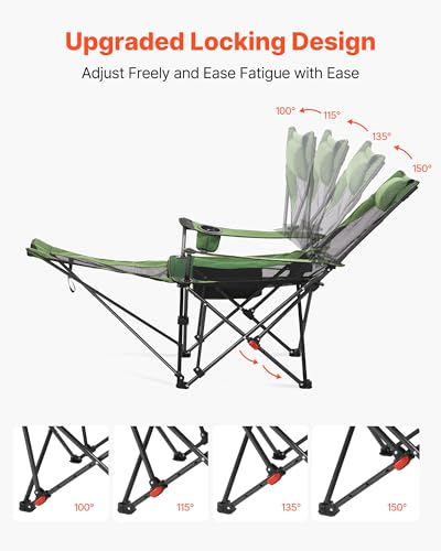 VEVOR 2-in-1 Reclining Camping Chair with Footrest for Adults, 4 Adjustable Positions, Portable Folding Lounger, Lightweight Mesh Beach Chair Supports 220lbs, Heavy Duty Camp Chairs Outdoor, Green - color: Green