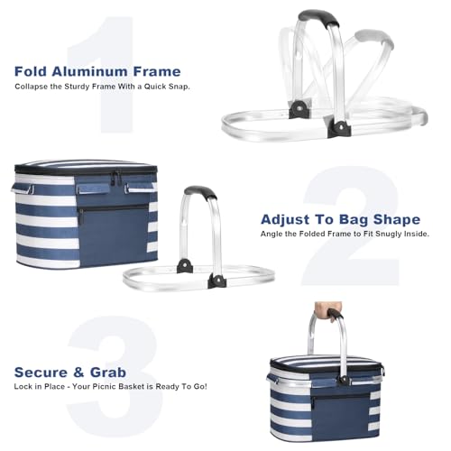 ALLCAMP Picnic Basket - Insulated Cooler, Thickening Foldable Picnic Basket with Removable Baskets & Sewn-in Frame, Basket for House Warming Gifts New Home(Blue White) - color: Blue White, size: Medium