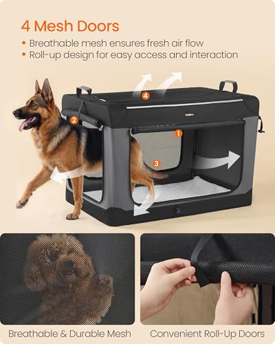 Feandrea Collapsible Dog Crate, 42-Inch Portable Dog Travel Crate for Large Dogs, Oxford Fabric Pet Carrier with 4 Mesh Doors, Handles, Storage Pocket, Water Bottle Holder, Ink Black UPDC021B01 - size: XXL（42"L x 28"W x 28"H)