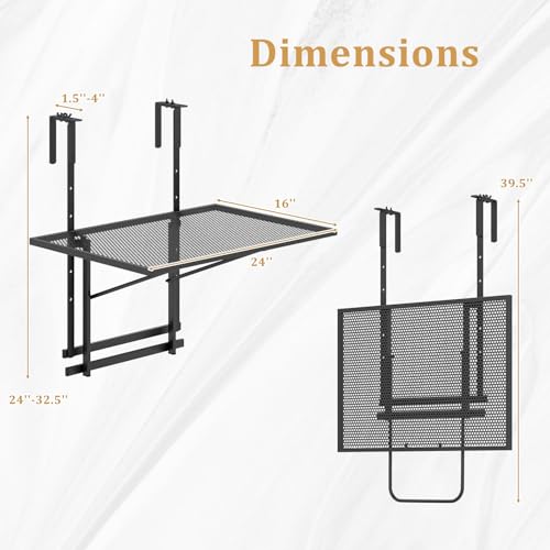 HAPPYGRILL Balcony Railing Table, Outdoor Folding Hanging Table with 5 Adjustable Heights, Heavy Duty Metal Hanging Bar Table for Patio, Garden and Deck