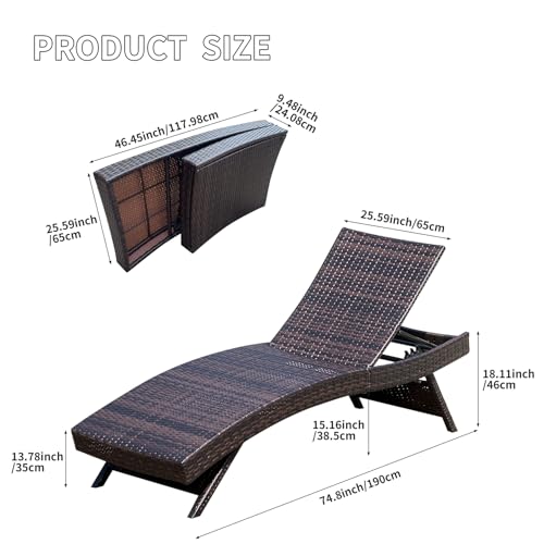 Folding Patio Chaise Lounge (Set of 1 Chair), Foldable Long Reclining Patio Seating Chairs, Outdoor Wicker Lounge Chair, Rattan Chaise Lounge Lawn Sunbathing Chairs Beach Pool Backrest Recliners - color: 1 Foldable Chair